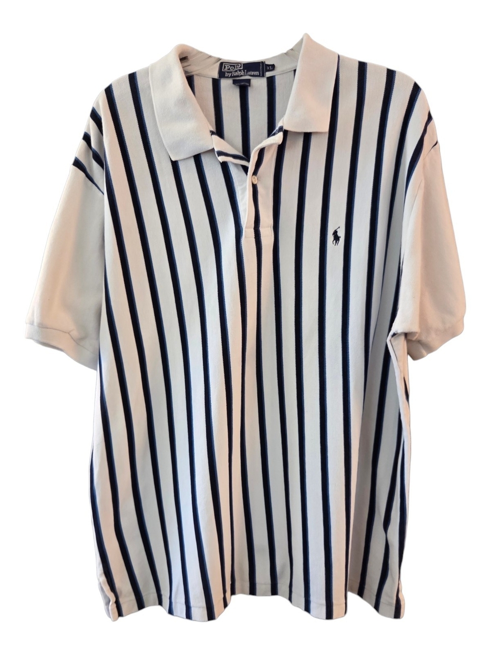 Vintage 90s Polo by Ralph Lauren White Polo Shirt with Navy Stripes - Size XL